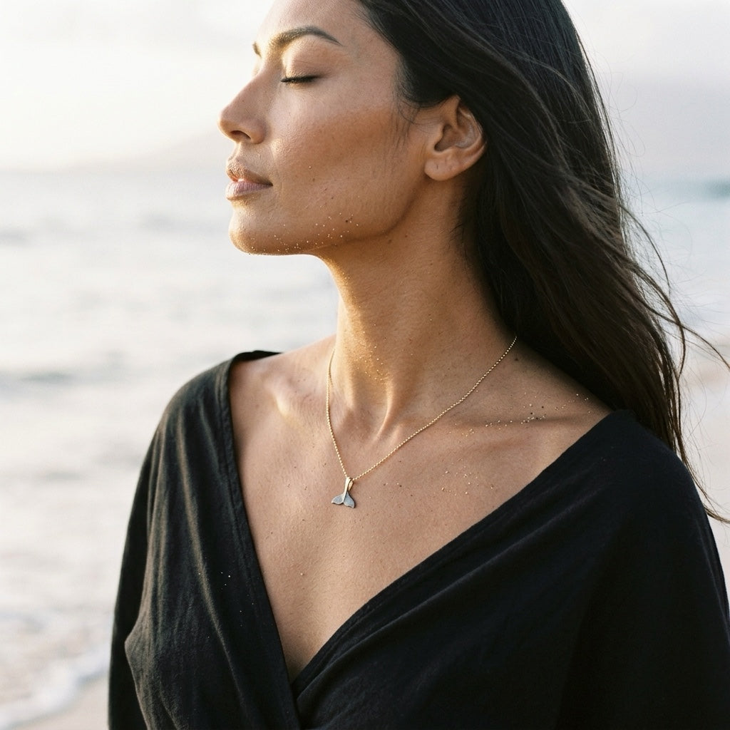 Precious Silver/14KY 15mm Whale Tail Pendant with Black Rhodium — worn on model (brunette, view 1)