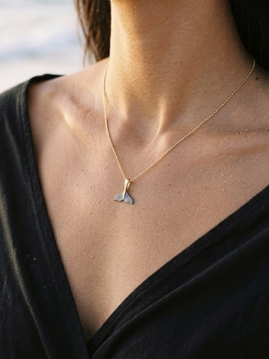 Precious Silver/14KY 15mm Whale Tail Pendant with Black Rhodium