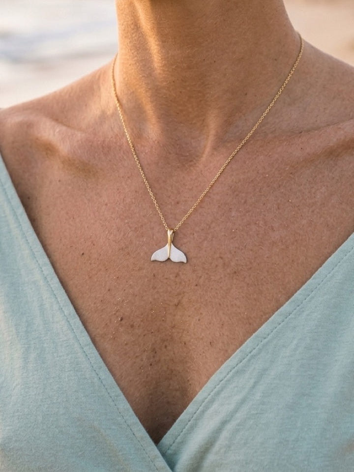 Precious Silver/14KY 25mm Whale Tail Pendant — close-up on model