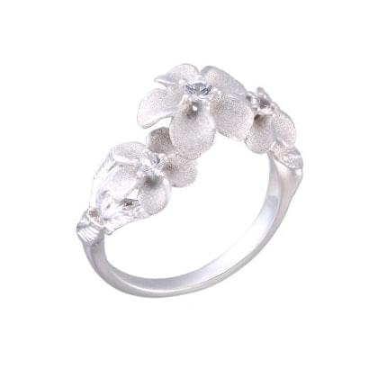 11mm Precious Silver Plumeria Ring with 3 White Sapphire