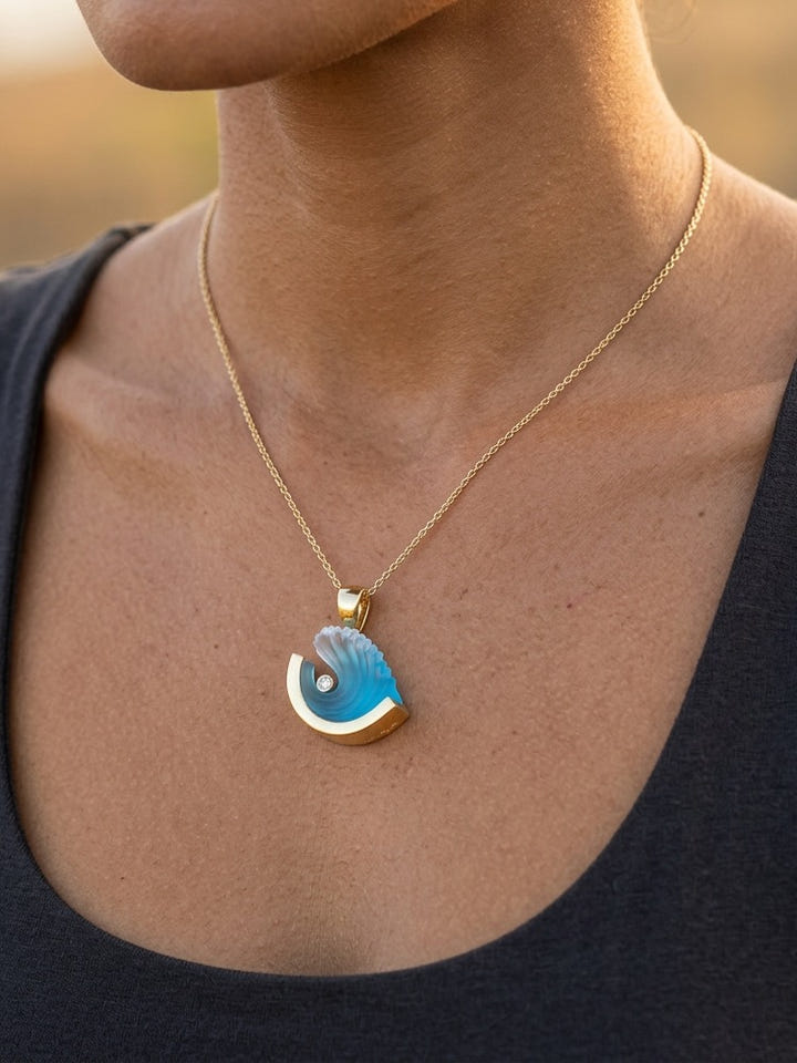 14K Medium Yellow Gold Wave Pendant with Diamond — close-up on model