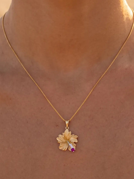 14k 15mm Hibiscus Pendant with 2 Diamonds and Ruby