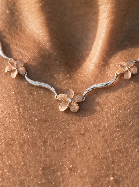 14k 2/tone Plumeria Lei Necklace with 5 diamonds