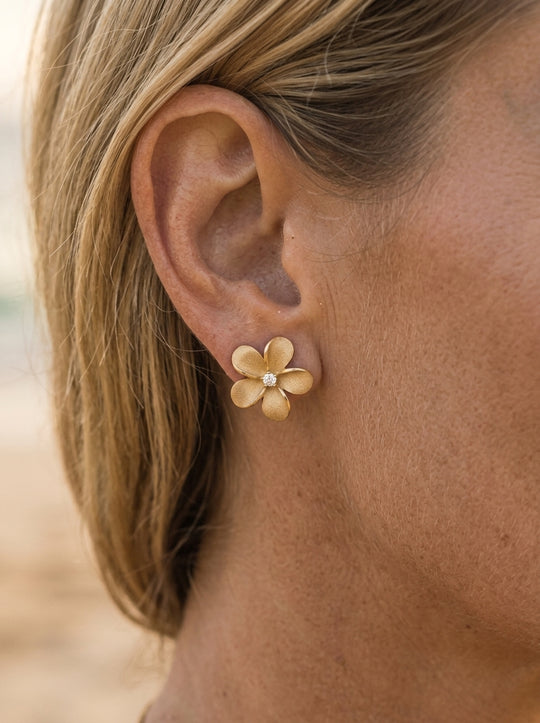 13mm 14k Plumeria Earrings with 2 diamonds