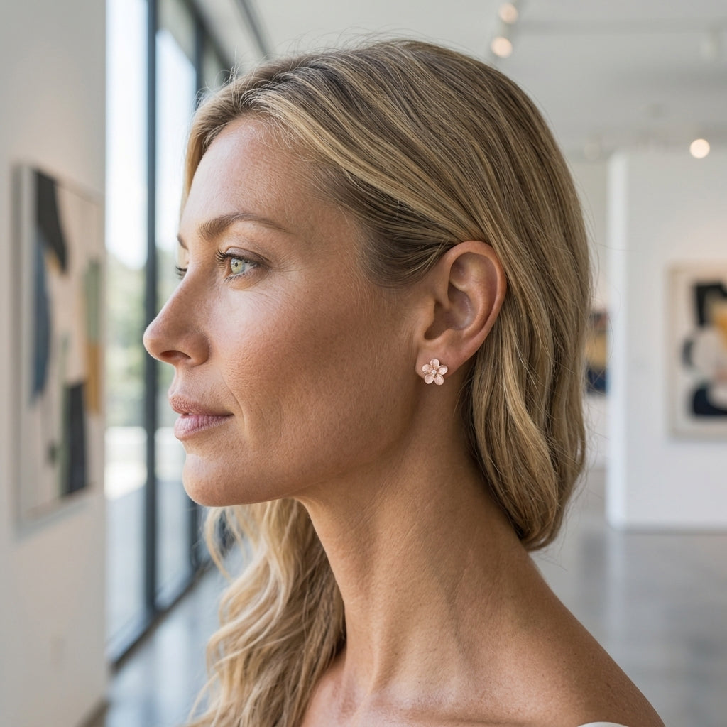 14k 8mm Plumeria Earrings with 2 Diamonds — worn on model (blonde, view 1)