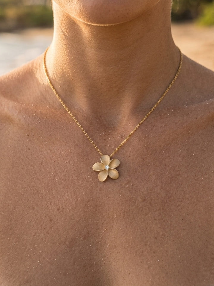 14k 13mm Diamond Plumeria Slide — close-up on model