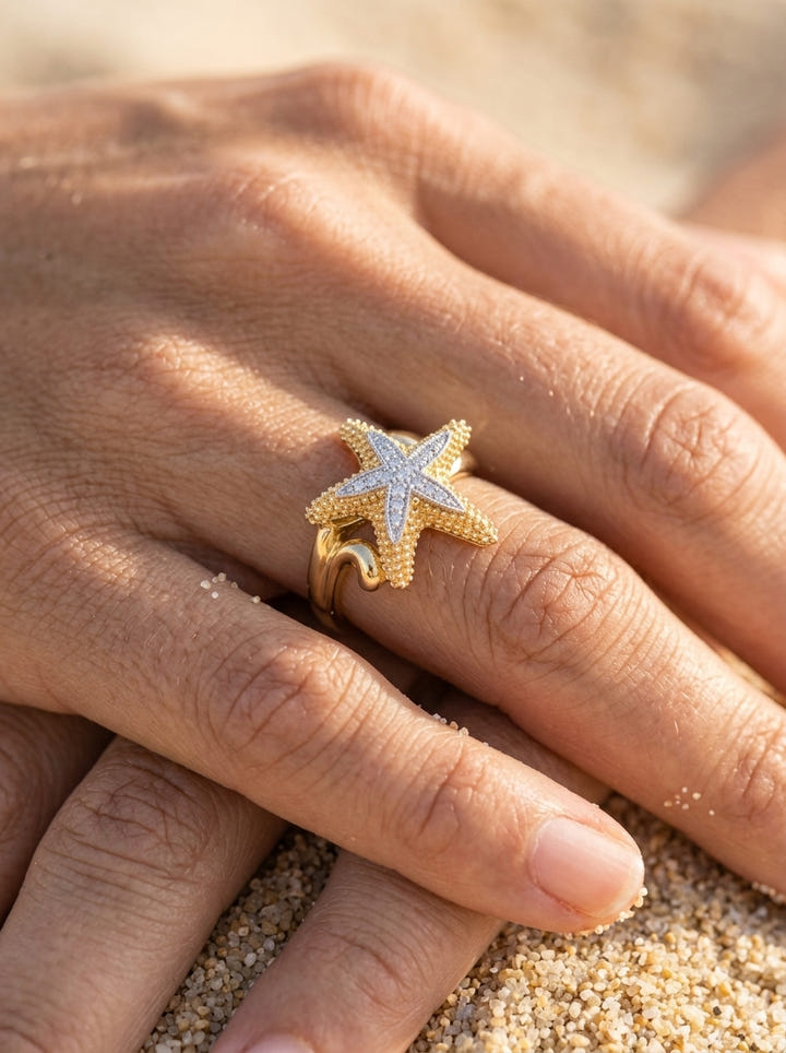 14k 16mm Starfish Ring with 11 Diamonds — close-up on model