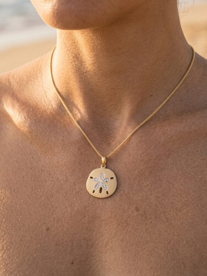 21mm 14K Sand Dollar Pendant With 12 Diamonds — close-up on model