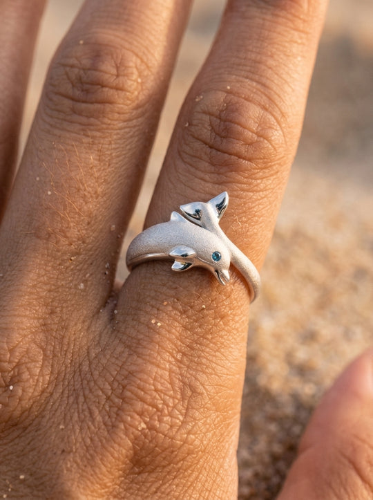 14k 10mm "Jumping Single" Dolphin Ring with blue diamond