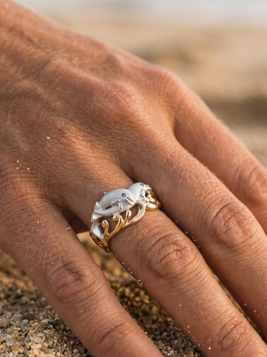 14k 20mm "Flipping Couple" Dolphin Ring with 2 blue diamonds