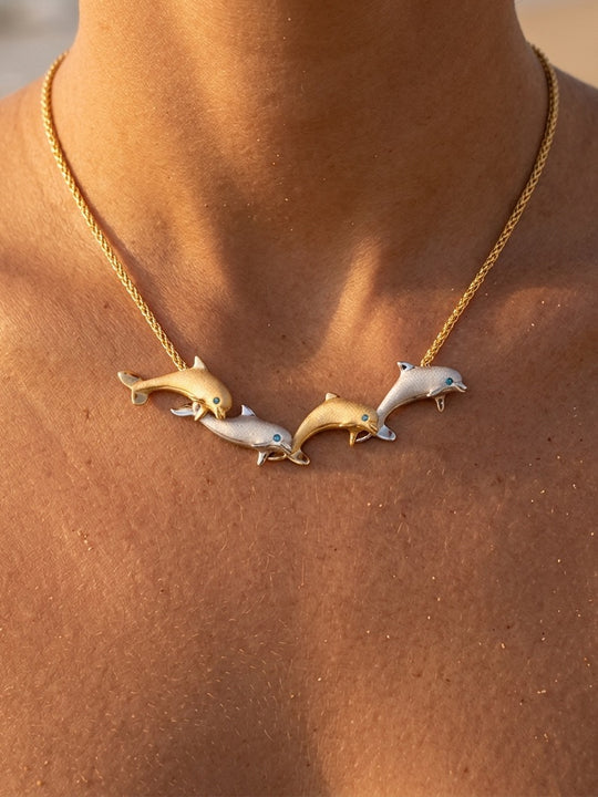 14k 2/tone 20mm "Open Sea" Dolphin Necklace with 4 diamonds
