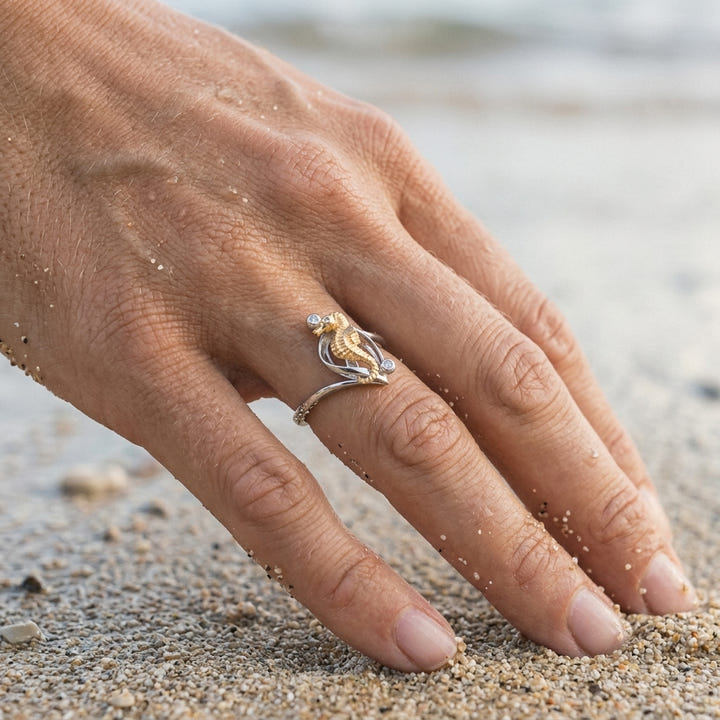 14k 2/tone Single Sea Horse Ring with 3 Diamonds — worn on model (blonde, view 4)