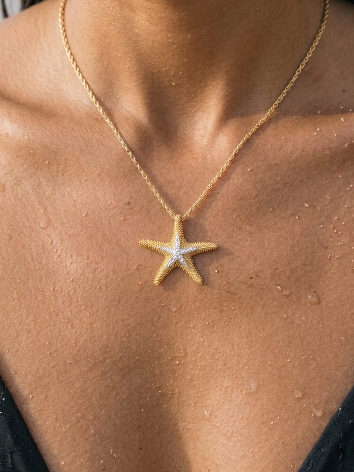 14k 30mm Starfish Pendant with 16 Diamonds — close-up on model