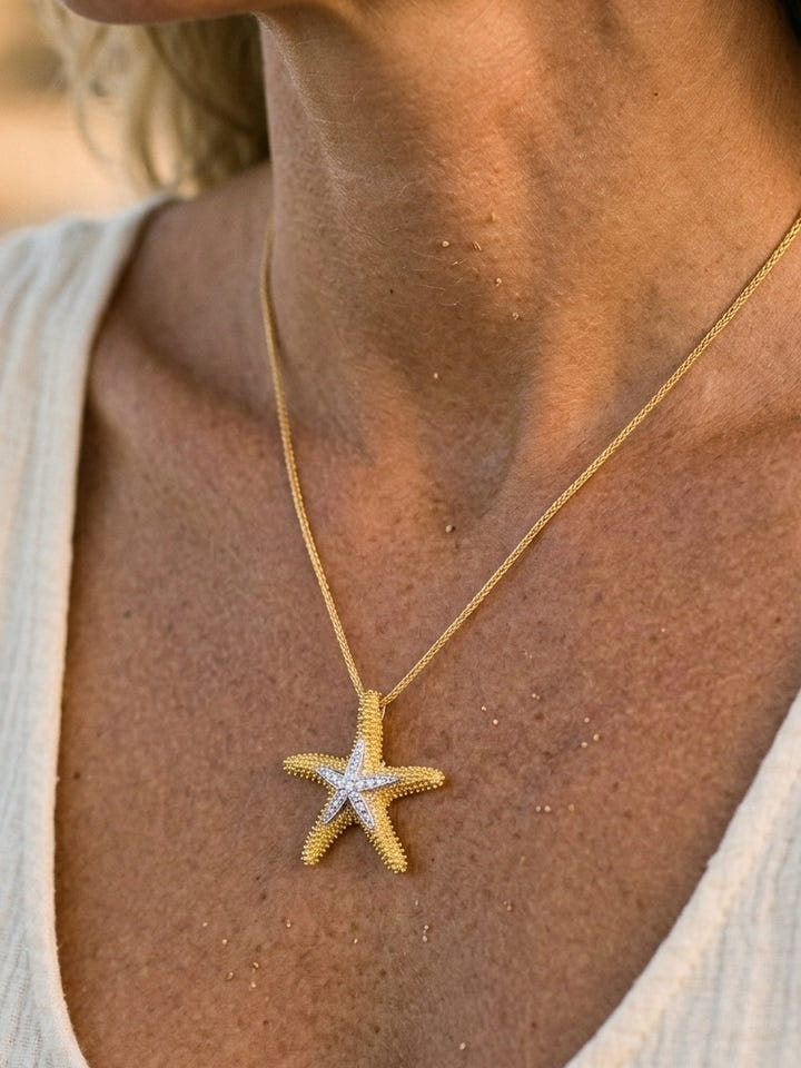 14k 22mm Starfish Pendant with 16 Diamonds — close-up on model