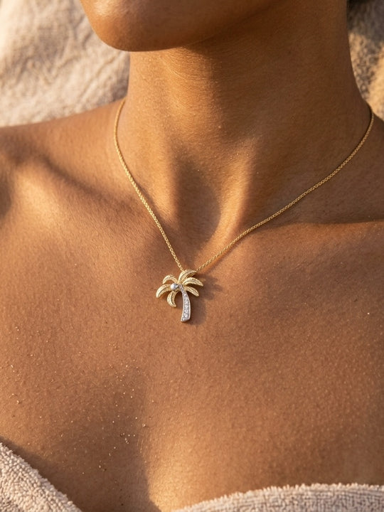 14k 2/tone 15mm Single Palm Tree Pendant with 5 Diamonds