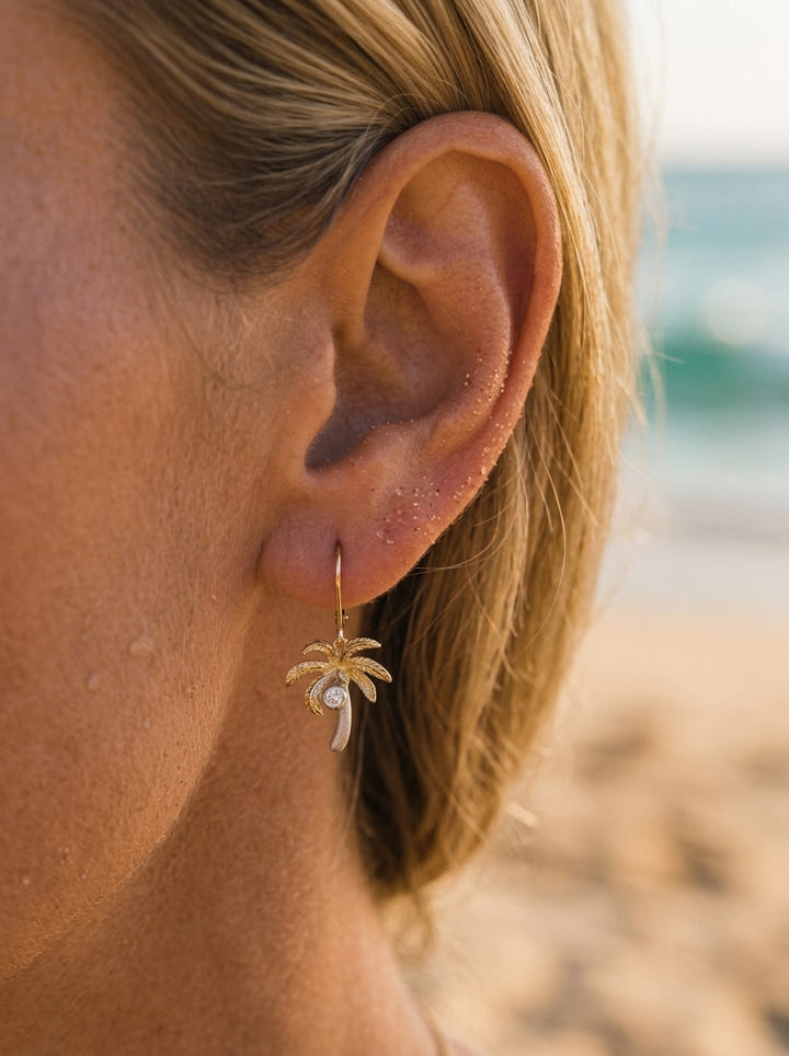 14k 2/tone 15mm Palm Tree Earrings with 2 Diamonds — close-up on model