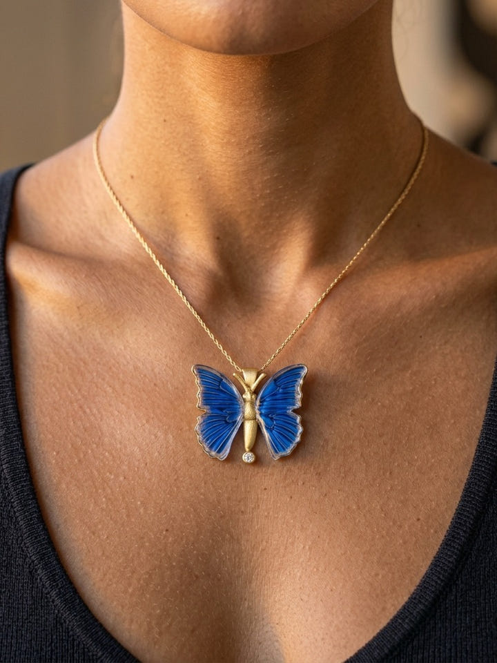 14K Yellow Gold with Diamond Butterfly Pendant — close-up on model