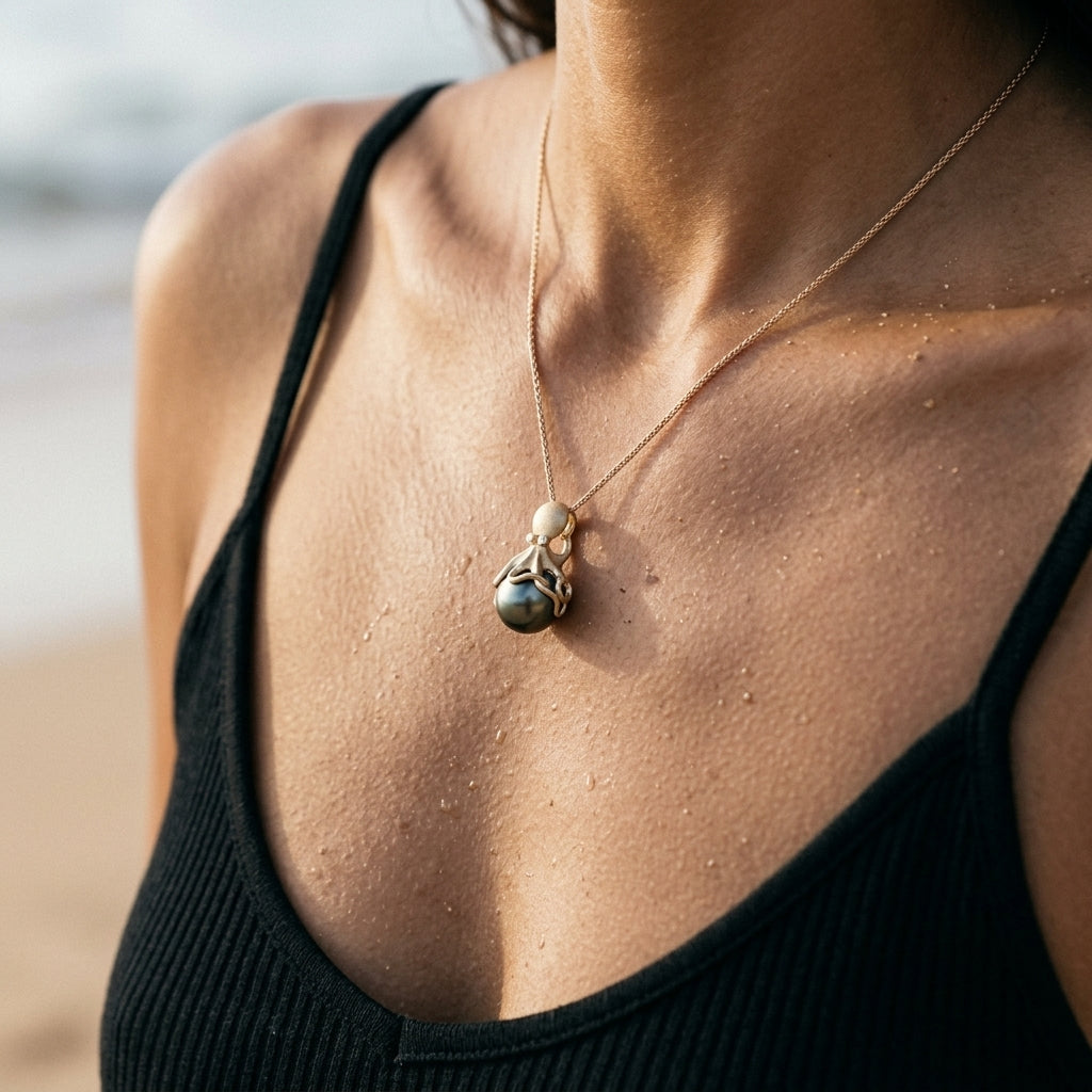 Gold Octopus Pendant With 13mm Tahitian Pearl & Diamonds — worn on model (brunette, view 4)