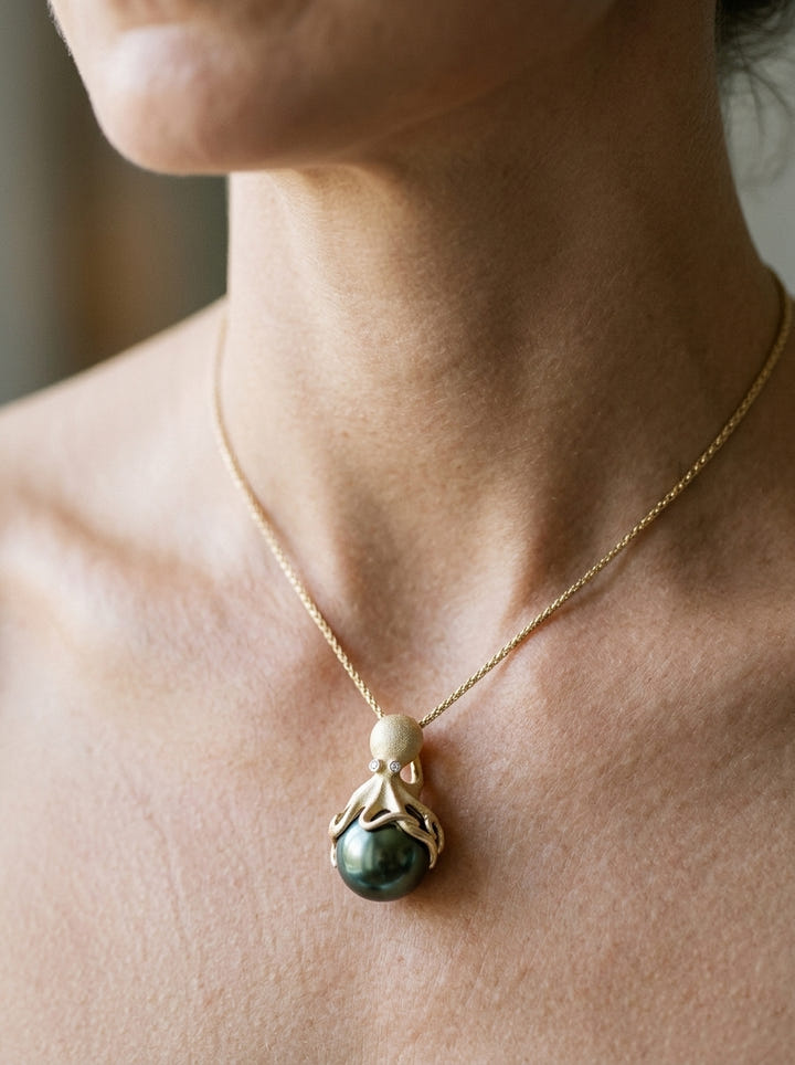 Gold Octopus Pendant With 13mm Tahitian Pearl & Diamonds — close-up on model