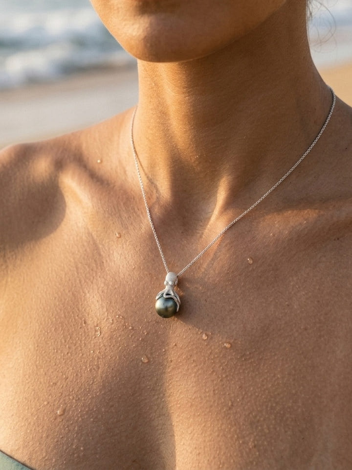 White Gold Octopus Pendant With 11mm Tahitian Pearl & Diamonds — close-up on model