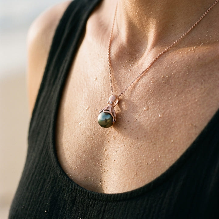 Rose Gold Octopus Pendant With 11mm Tahitian Pearl & Diamonds — worn on model (blonde, view 4)