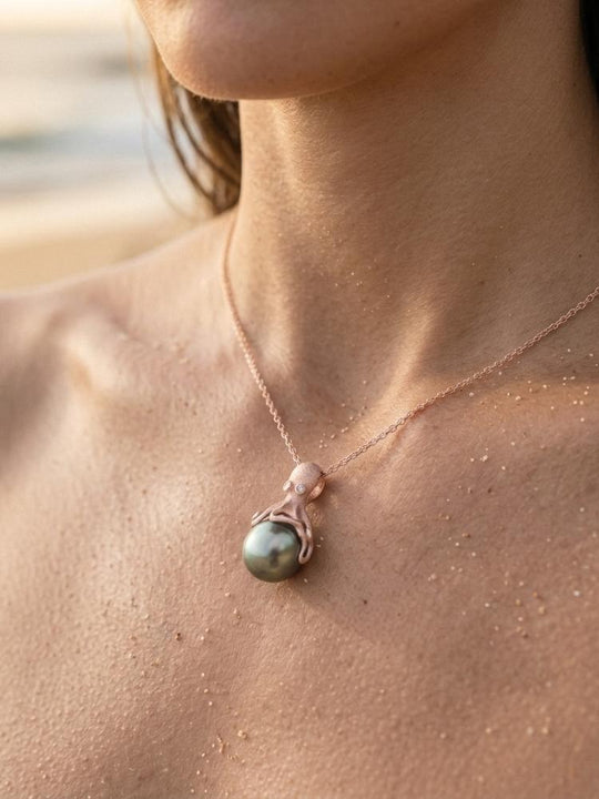Rose Gold Octopus Pendant With 13mm Tahitian Pearl & Diamonds