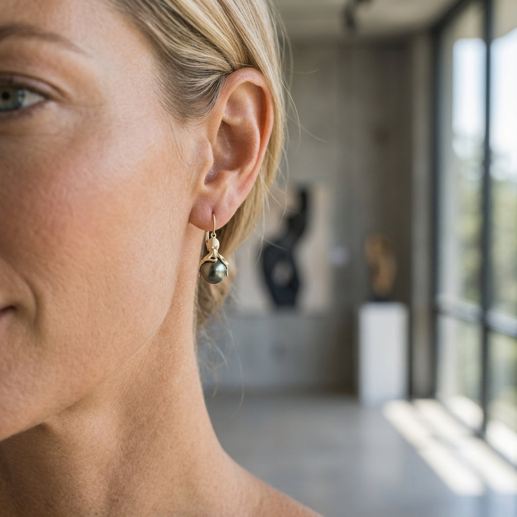 Gold Octopus Earrings With 11mm Tahitian Pearls & Diamonds — worn on model (blonde, view 2)