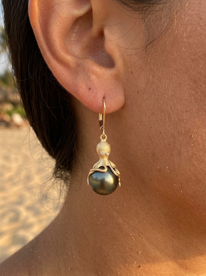 Gold Octopus Earrings With 11mm Tahitian Pearls & Diamonds — close-up on model