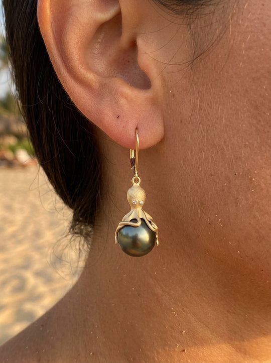 Gold Octopus Earrings With 11mm Tahitian Pearls & Diamonds