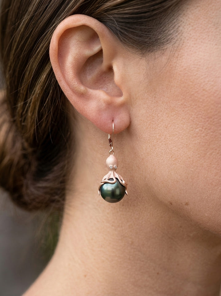 Rose Gold Octopus Earrings With 11mm Tahitian Pearls & Diamonds — close-up on model