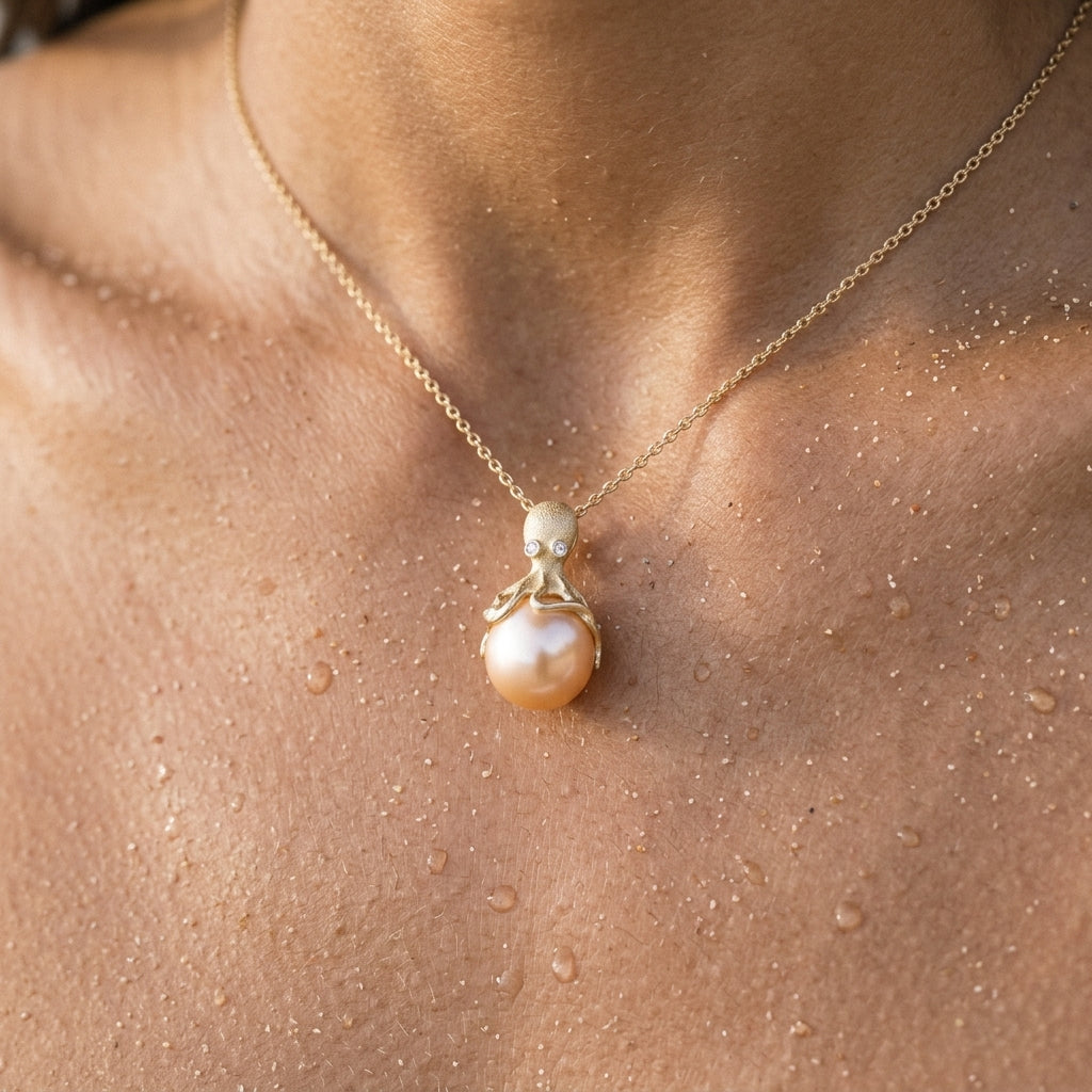 Gold Octopus Pendant With 10mm Peach Fresh Water Pearl & Diamonds — worn on model (brunette, view 4)