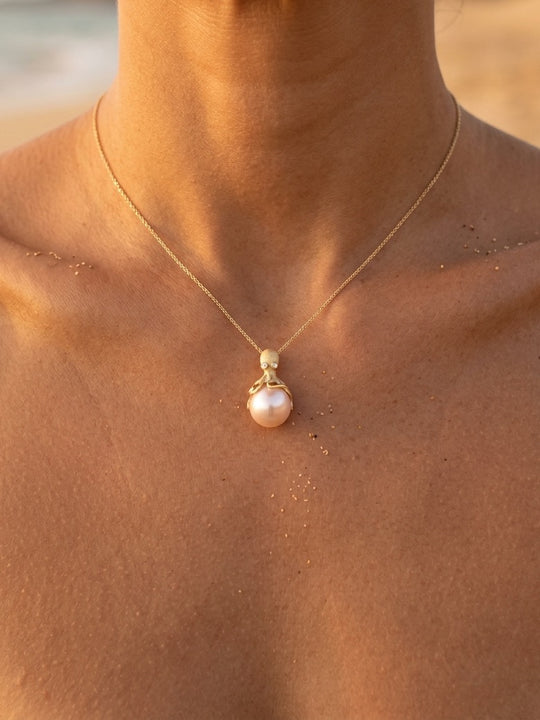 Gold Octopus Pendant With 12mm White Fresh Water Pearl & Diamonds