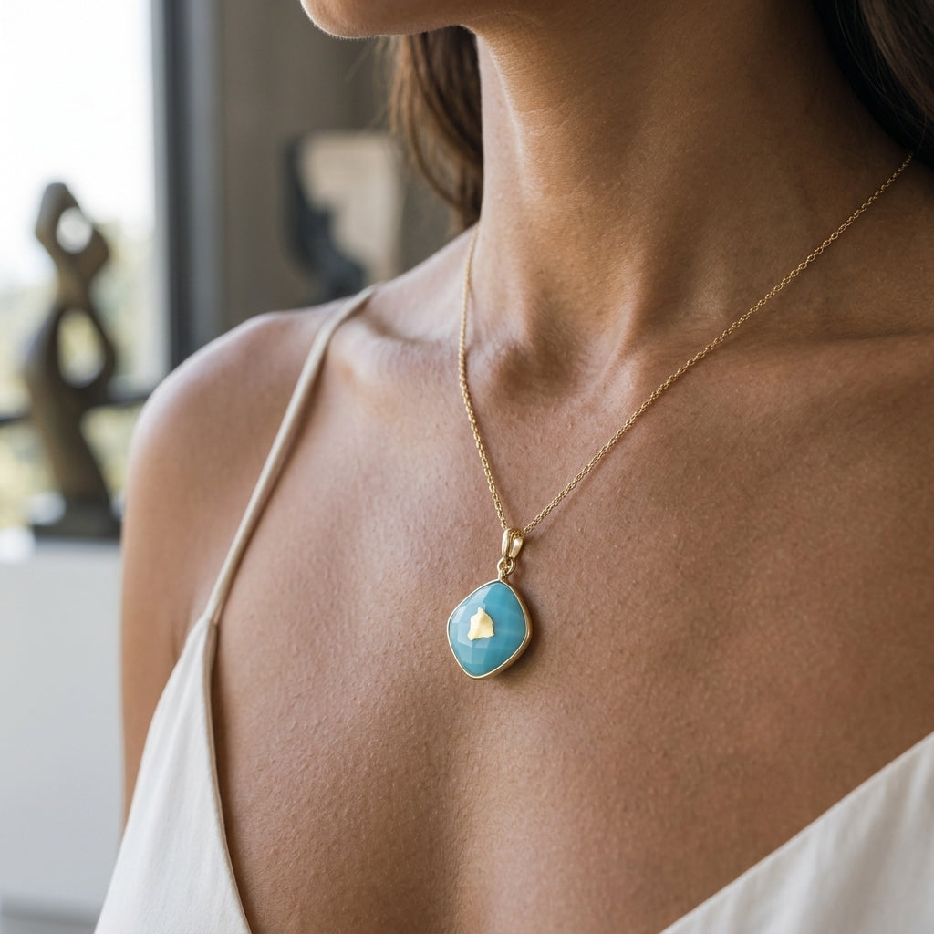 18k Treasure Island Hawaiian Island Small Pendant — worn on model (brunette, view 2)