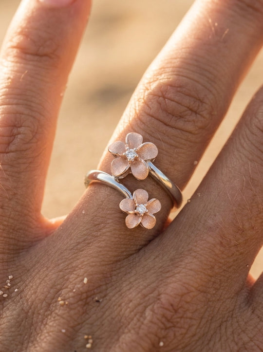 2/tone 14k 6 & 8mm "HANG 5" Plumeria Ring with 2 diamonds