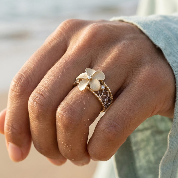 14k 2/tone Chandelier Plumeria Ring with 3 diamonds — worn on model (brunette, view 4)