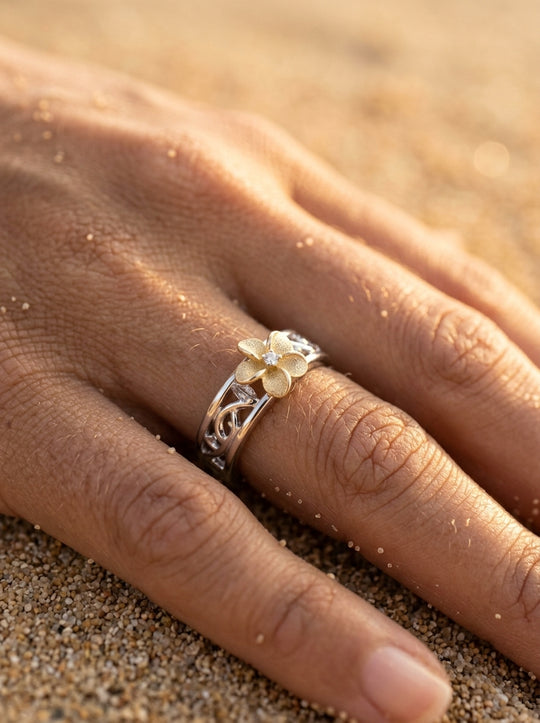 14k 2/tone 8mm "Hang 5" Plumeria Diamond Ring