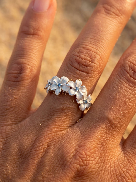 14k 8mm Plumeria Ring with 4 Blue Diamonds