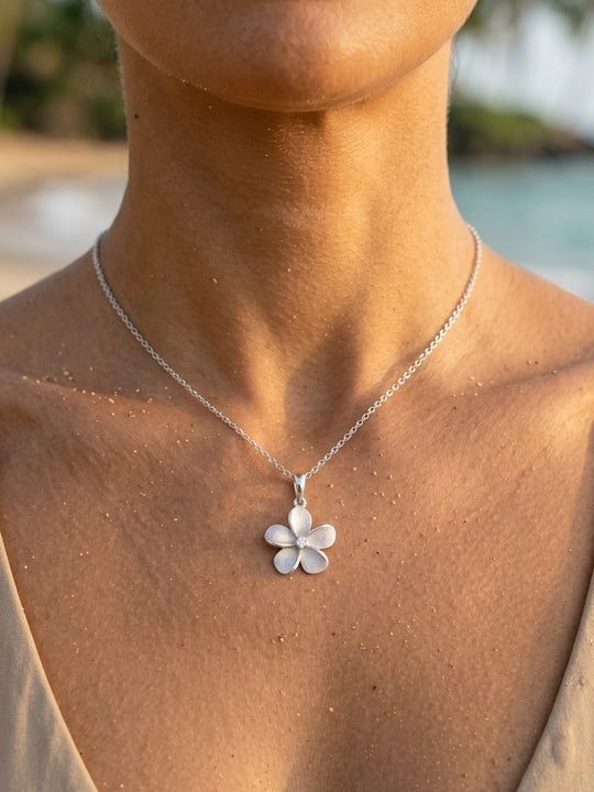 14k 15mm White Gold Plumeria Pendant