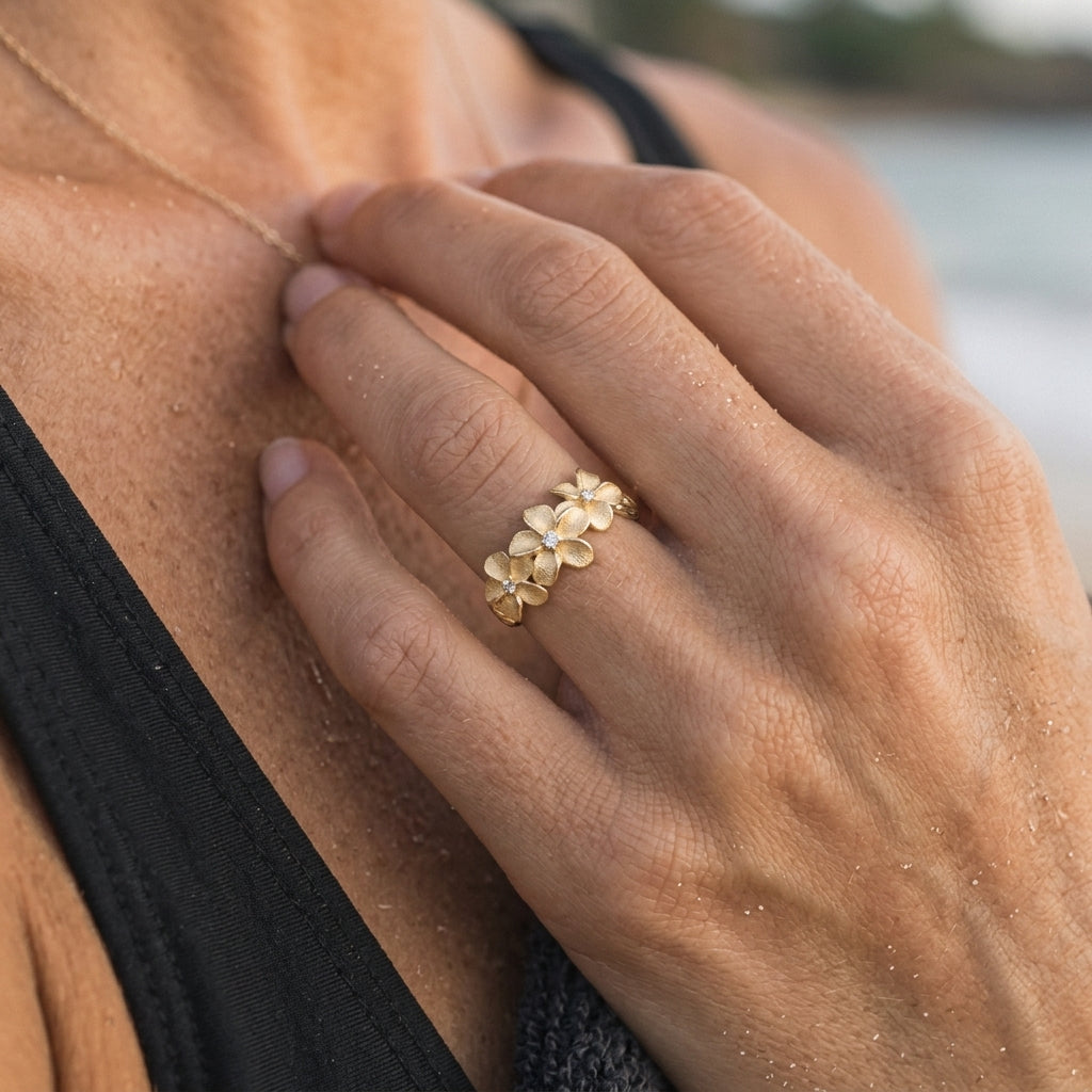 14k 8mm Plumeria Ring with 3 Diamonds — worn on model (blonde, view 4)