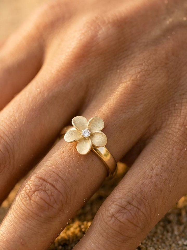 14k 13mm Flower Diamond Ring — close-up on model