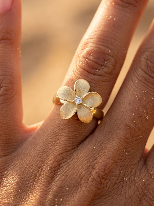 14k 15mm Plumeria Ring with Diamond