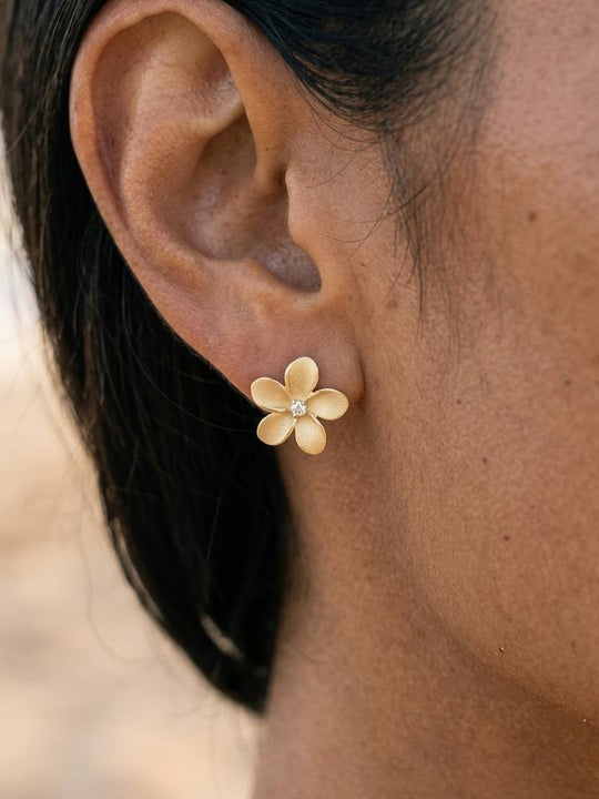 15mm 14k Plumeria Earring with 2 diamonds