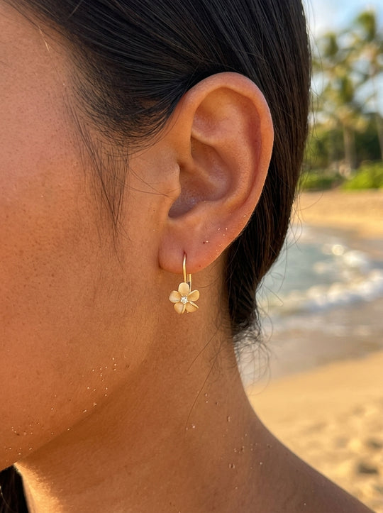 8mm 14k Plumeria Earrings with 2 diamonds
