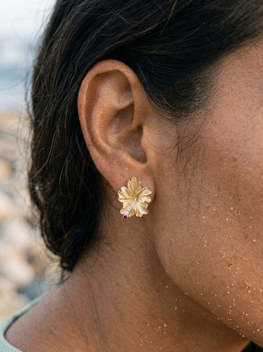 15mm 14k Hibiscus Earrings with 4 diamonds and 2 rubies