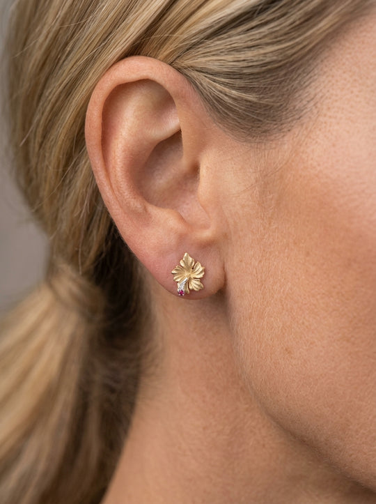 14k Hibiscus Earrings with 2 Rubies & 2 Diamonds