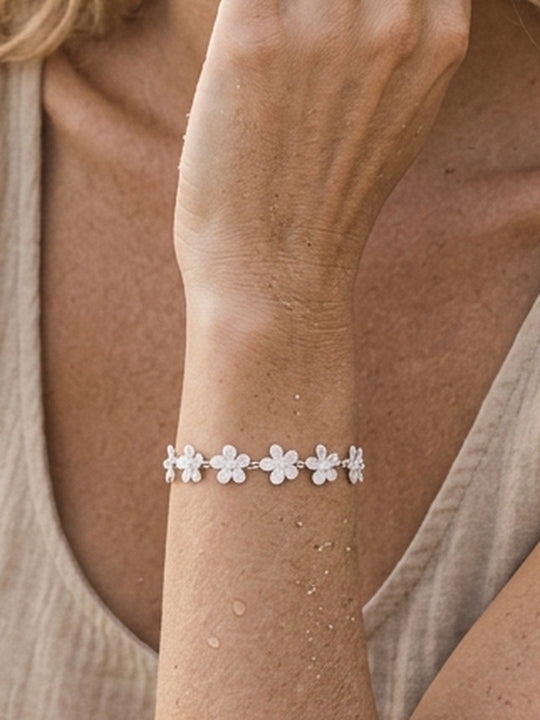 Precious Silver 11mm Plumeria Bracelet with 13 White Sapphire
