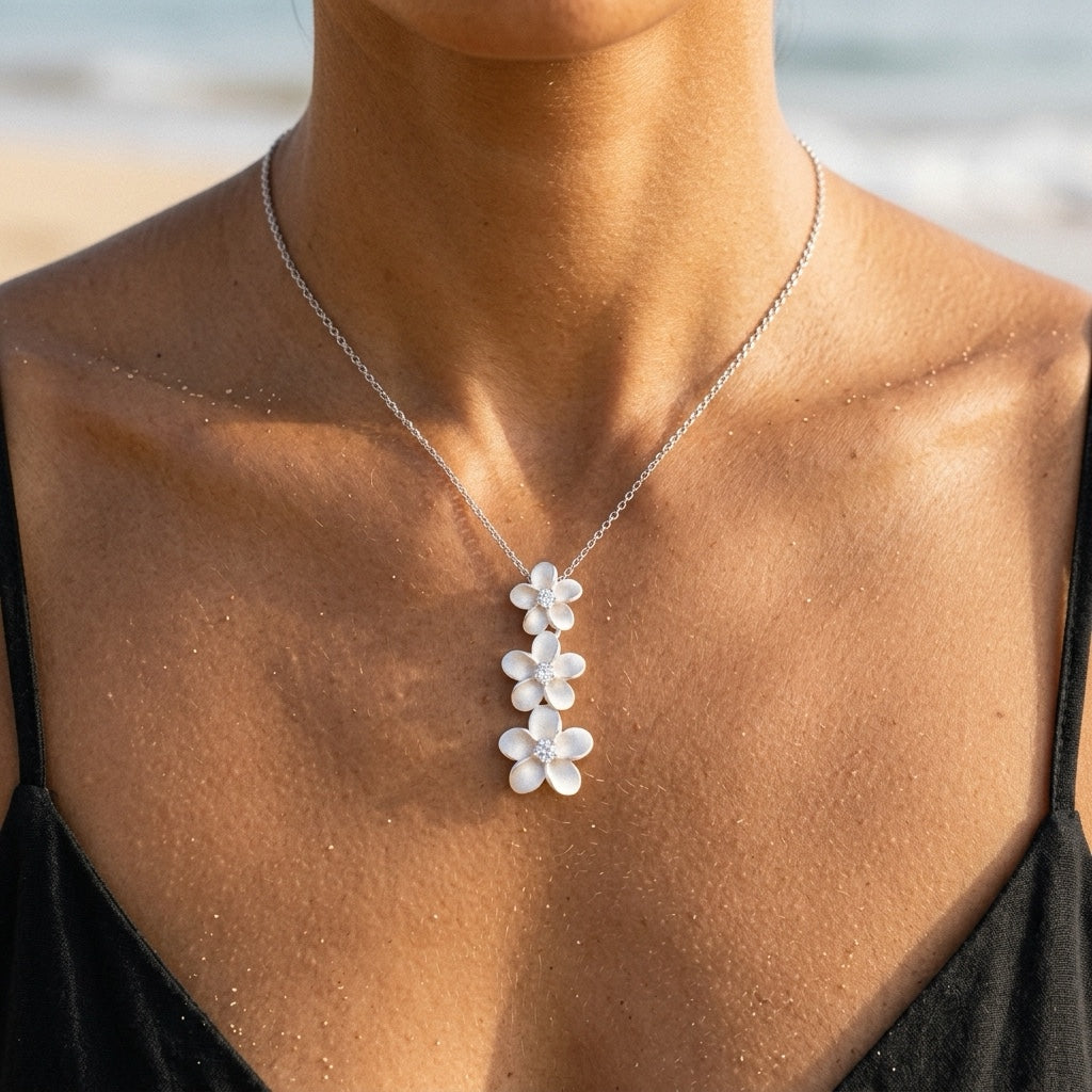 Precious Silver 3 Plumeria Slide Pendant with 3 White Sapphire — worn on model (brunette, view 3)