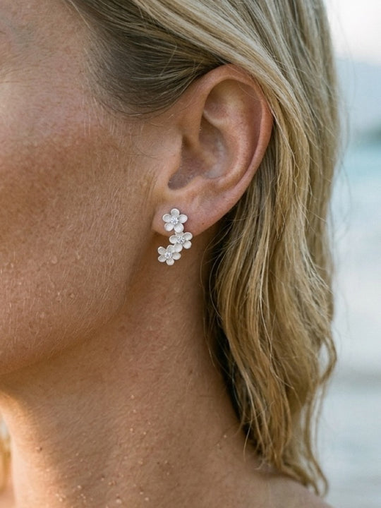 Precious Silver 8mm Plumeria Earrings with 6 White Sapphire