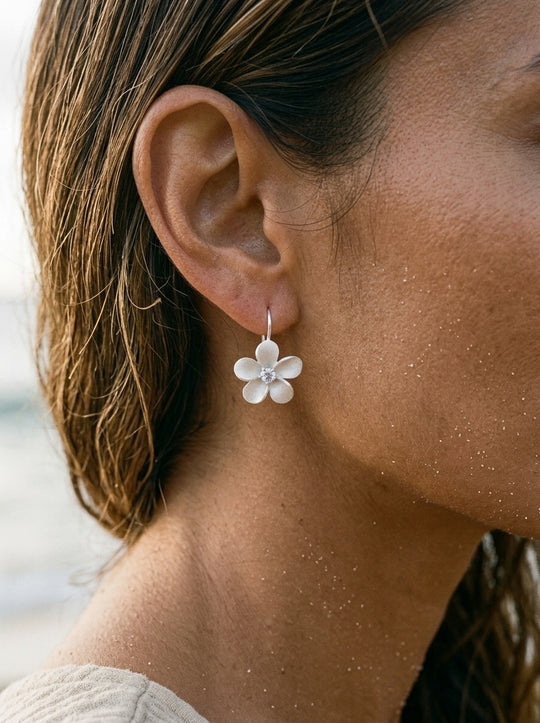 11mm Precious Silver Plumeria Earrings with 2 White Sapphire