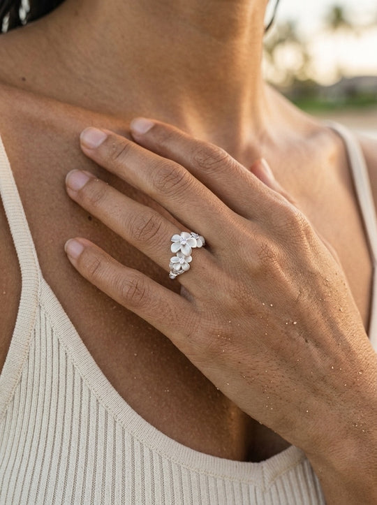 11mm Precious Silver Plumeria Ring with 3 White Sapphire